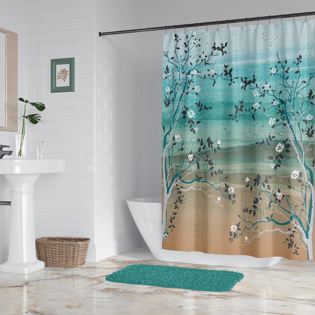 Tropical Beach Shower Curtain Set, Ocean Waves and Flowering Trees in