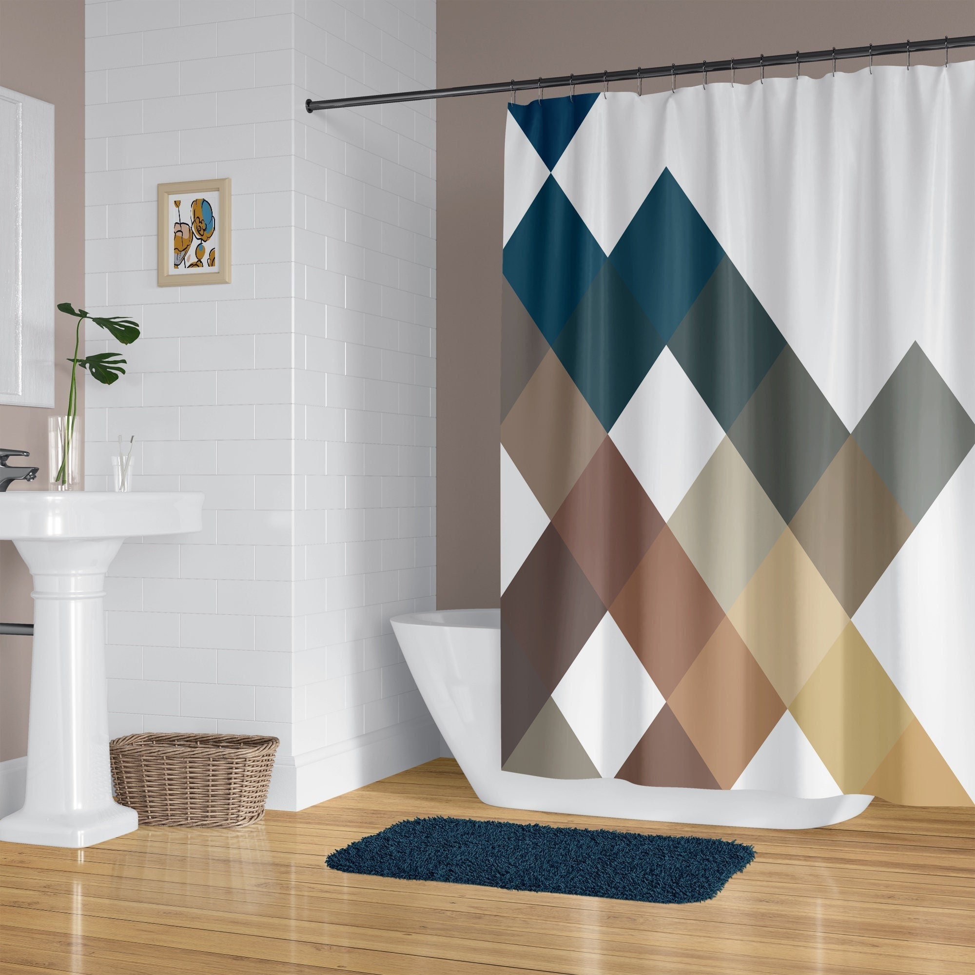 Large Squares Geometric Shower Curtain Blue and Brown Abstract Pattern Optional Bathmat Etsy UK