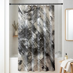 May include: A shower curtain featuring an abstract design with layered brushstrokes in shades of black, charcoal, gray, and white. The pattern includes splatters, streaks, and textured marks across the fabric, suspended from a black rod with rings.