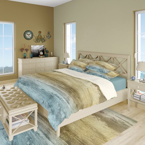 Coastal Decor Ocean Colors Duvet Cover Or Comforter Beach Bedding Set In Sage Green Cornflower Blue Taupe