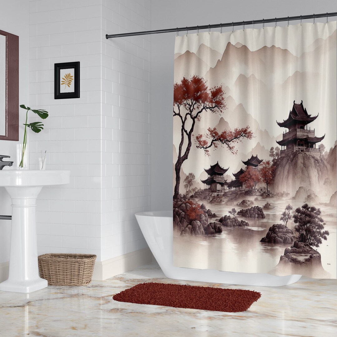 Japanese Shower Curtain, Traditional Watercolor Landscape in Neutral ...