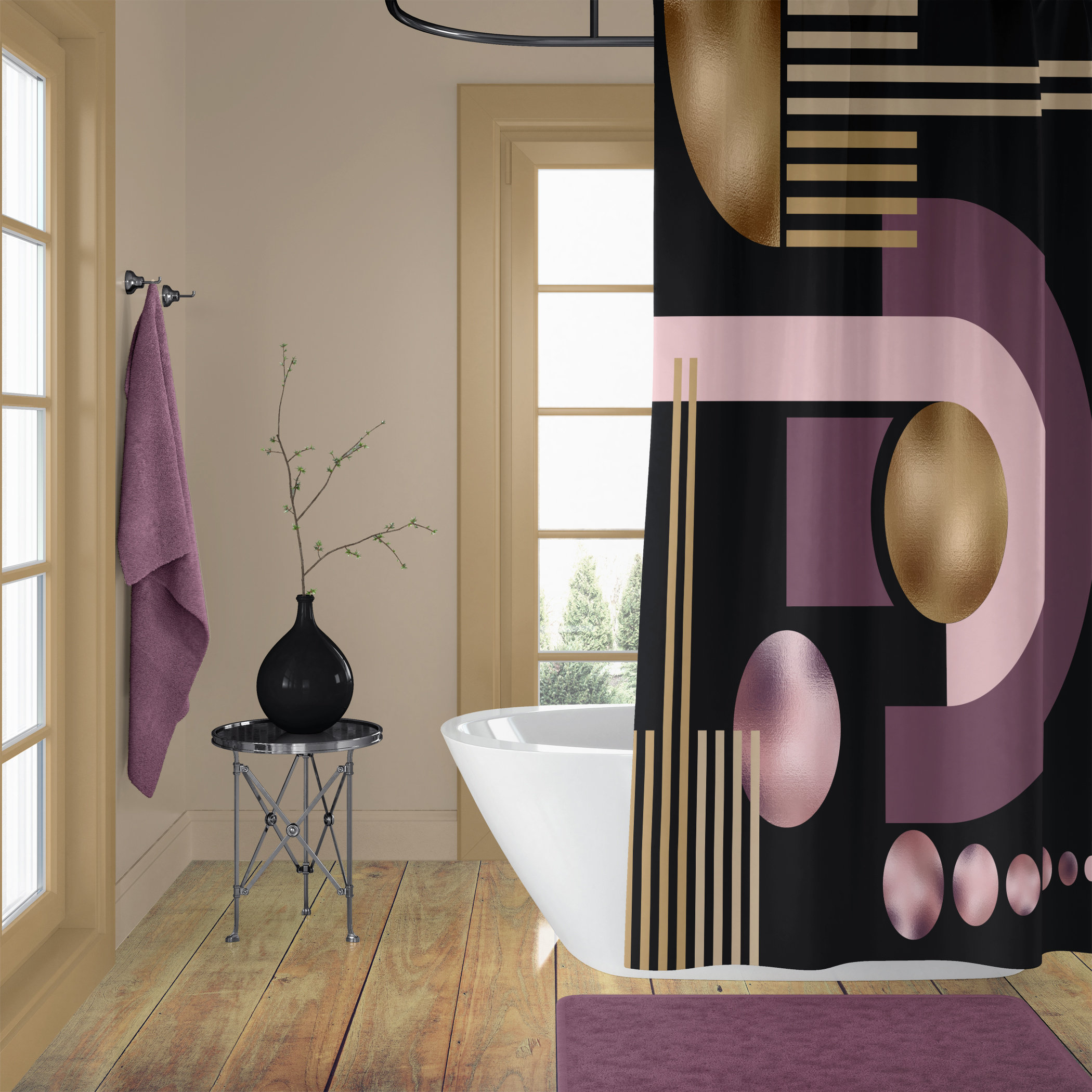 Art Deco Shower Curtain Set Black And Gold Geometric Design Etsy