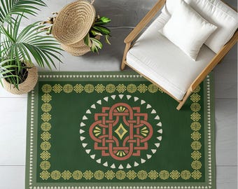 Hunter & Olive Green Celtic Knot Rug, Modern Irish Geometric Indoor Outdoor Area Rug