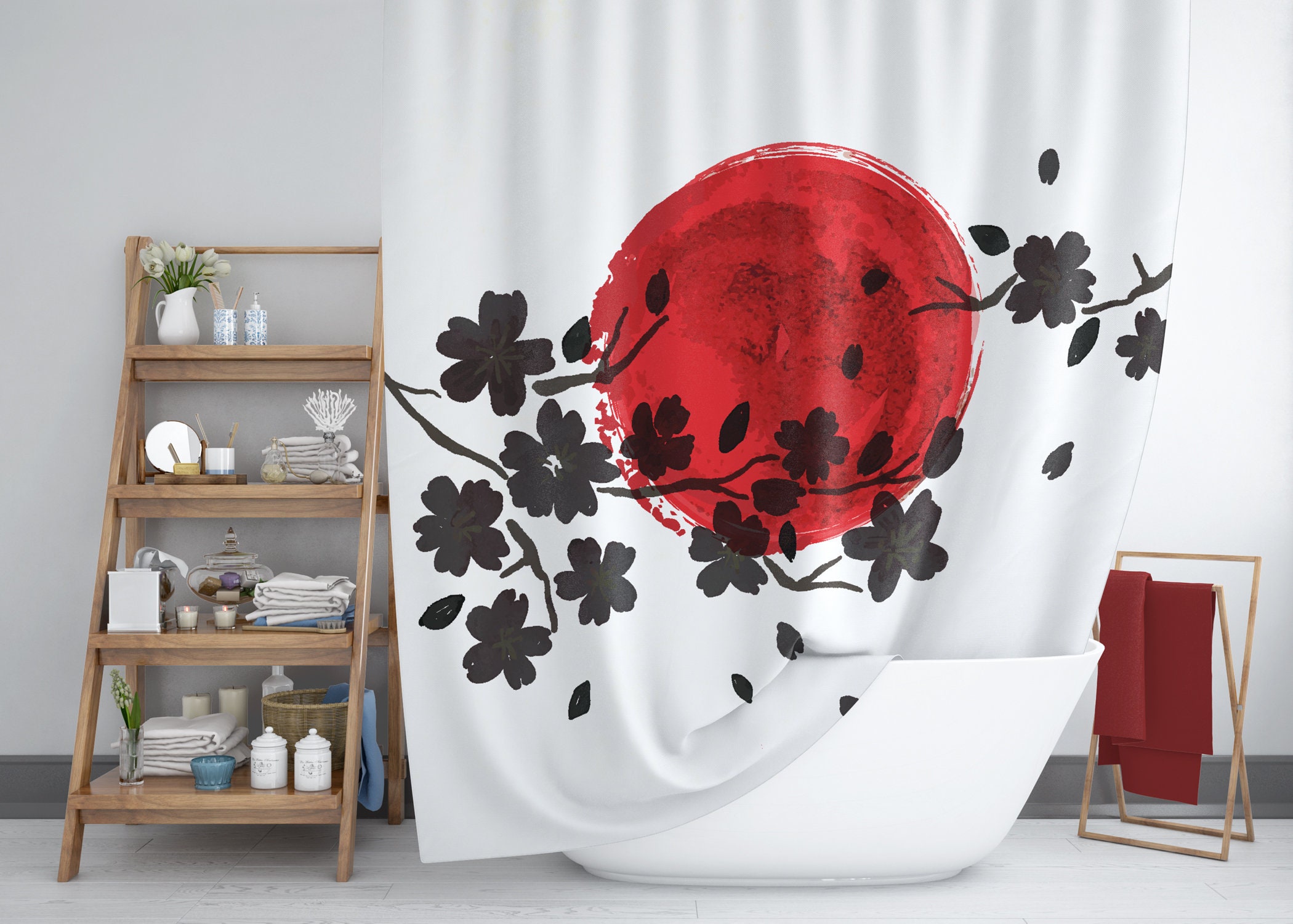 Japanse douchegordijn. Rood en zwart kersenbloesem opkomende Etsy