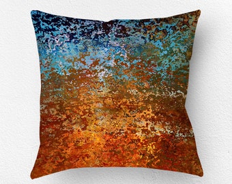 Burnt orange and blue abstract pillow, Southwestern colors, 14 x 14 to 20 x 20 inches and Lumbar pillow Indoor & outdoor, Home staging ideas