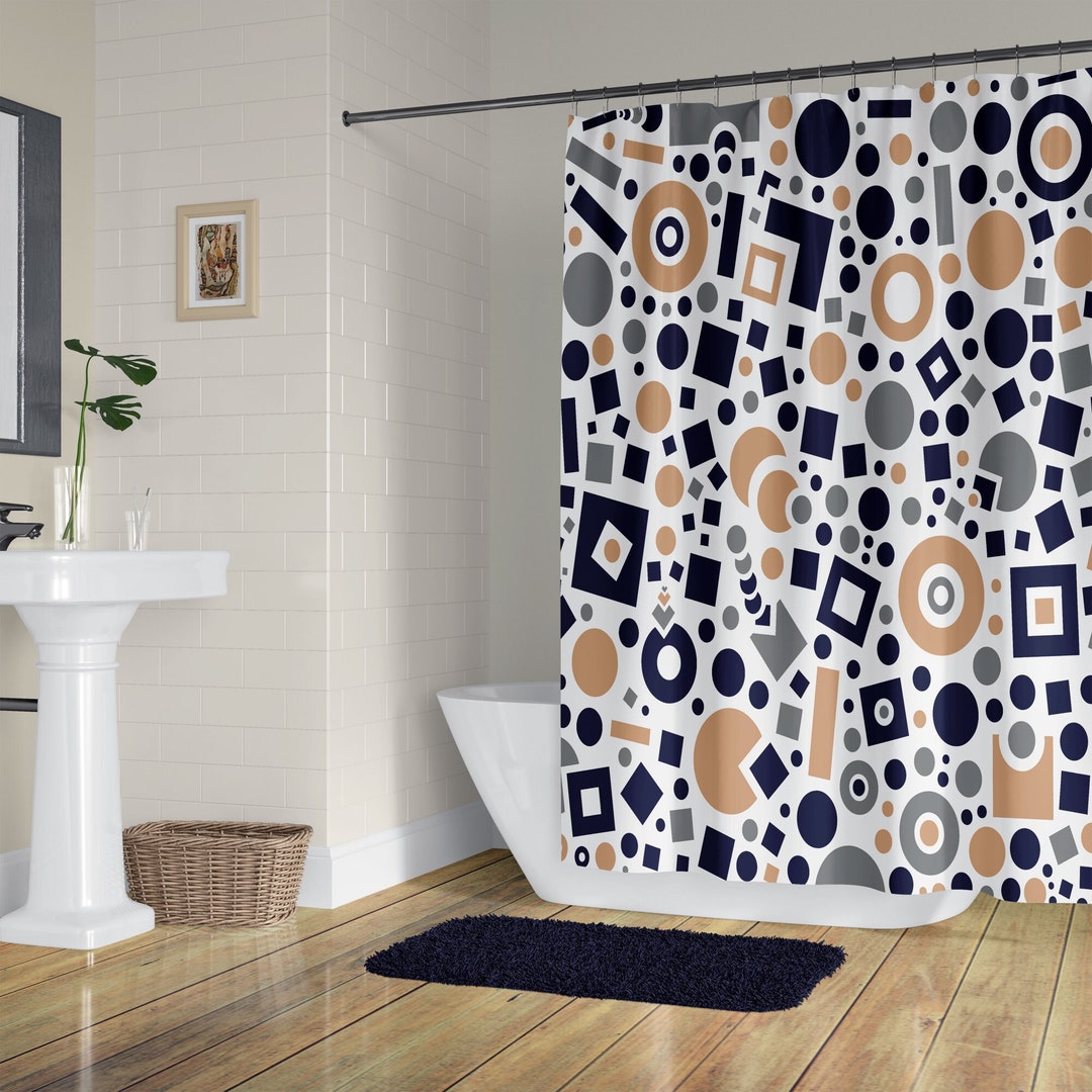 Mid Century Modern Art Shower Curtain Set in Navy Blue Tan Etsy