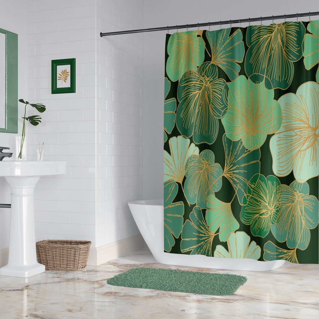 Gold and Green Floral Shower Curtain Set With Tropical Flowers and Tree