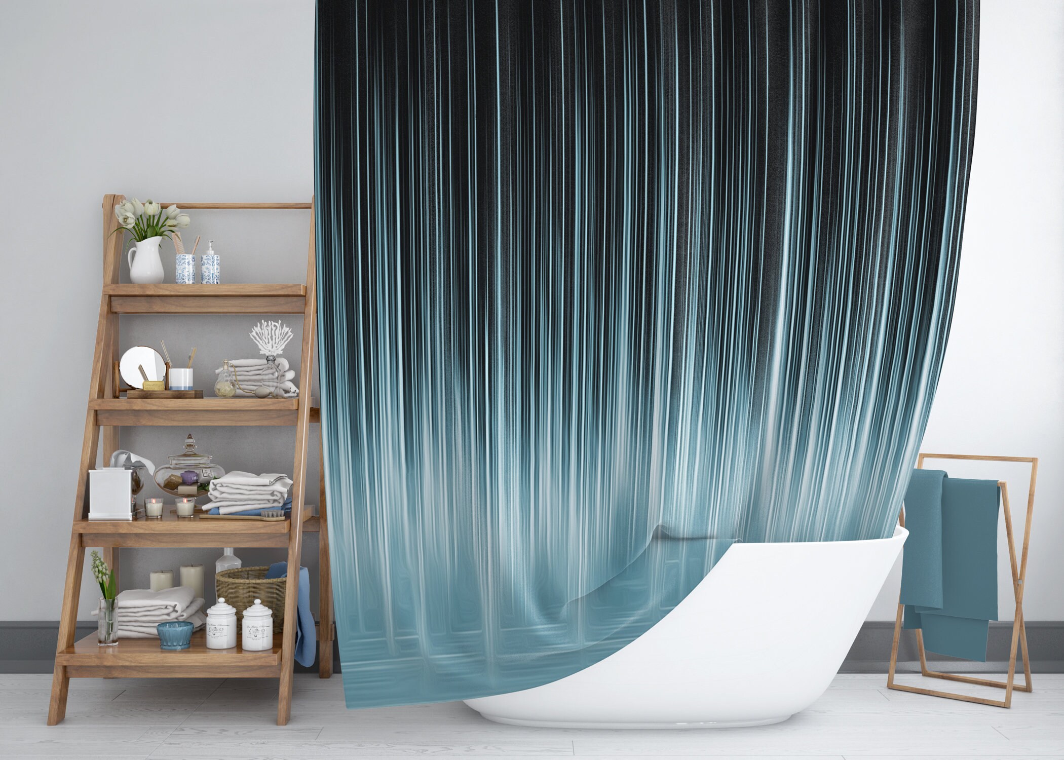 Rain shower curtain Blue and black striped Ombré waterfall. Etsy