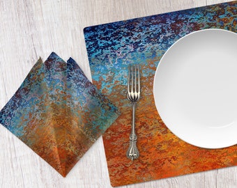 Fabric placemat and matching napkins, Cloth table linens in burnt orange and blue modern abstract design