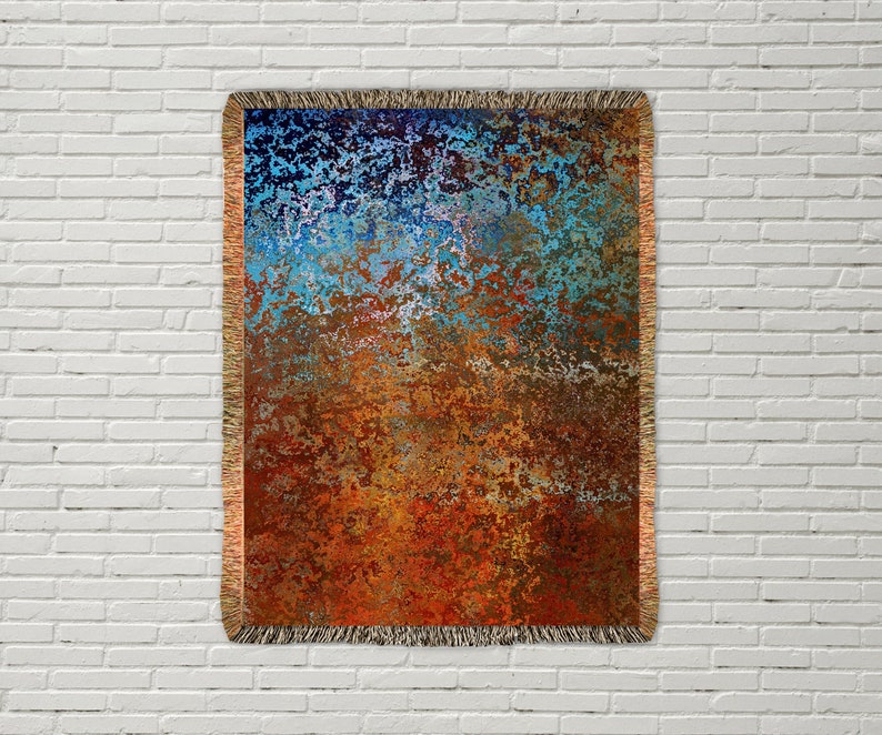 Burnt orange and blue abstract art blanket, 100% cotton woven fringed throw blanket in 3 sizes, Real estate home staging ideas. image 1