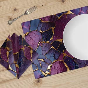 Purple Gold Cotton Placemat, Napkins, Table Runner, Kintsugi Cracked Stone Design Table Linens Set