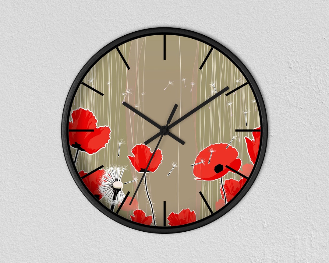 Poppy Wall Clock With Wood Frame Red Floral Housewarming Etsy