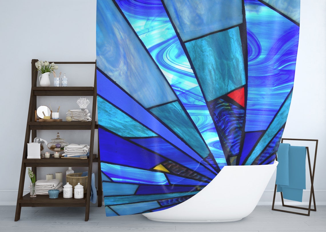Blue abstract shower curtain set Stained glass nautical Etsy