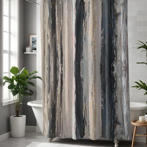 Neutral modern art shower curtain, Vertical abstract stripes, Optional bathmat