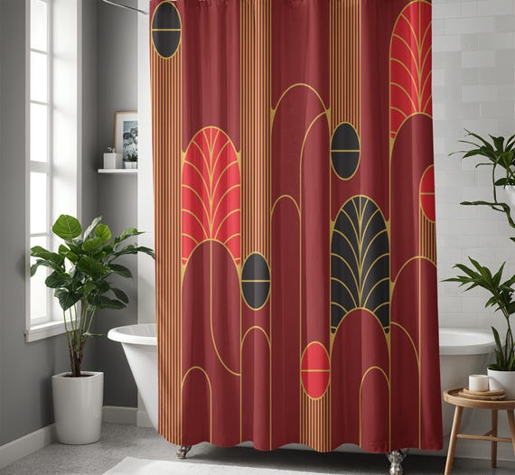 Burgundy Art Deco Shower Curtain Set Geometric Cityscape Design in Red Black and Gold for Masculine Bathroom Decor. Optional Bath Mat. Etsy Canada