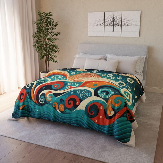 Ocean Waves Sherpa Fleece Blanket Burnt Orange and Teal Nautical Throw Blanket for Chair Couch or Bed Home Decor Staging Ideas. Etsy Canada