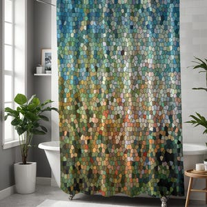 Aqua mosaic shower curtain, Blue and green tile, Stained glass geometric design, Optional bathmat