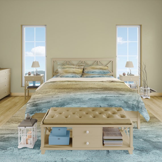 Coastal Decor Ocean Colors Duvet Cover Or Comforter Beach Bedding Set In Sage Green Cornflower Blue Taupe