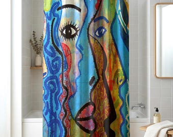 Multicolor modern art shower curtain. Abstract faces graffiti street art, Unusual bathroom decor