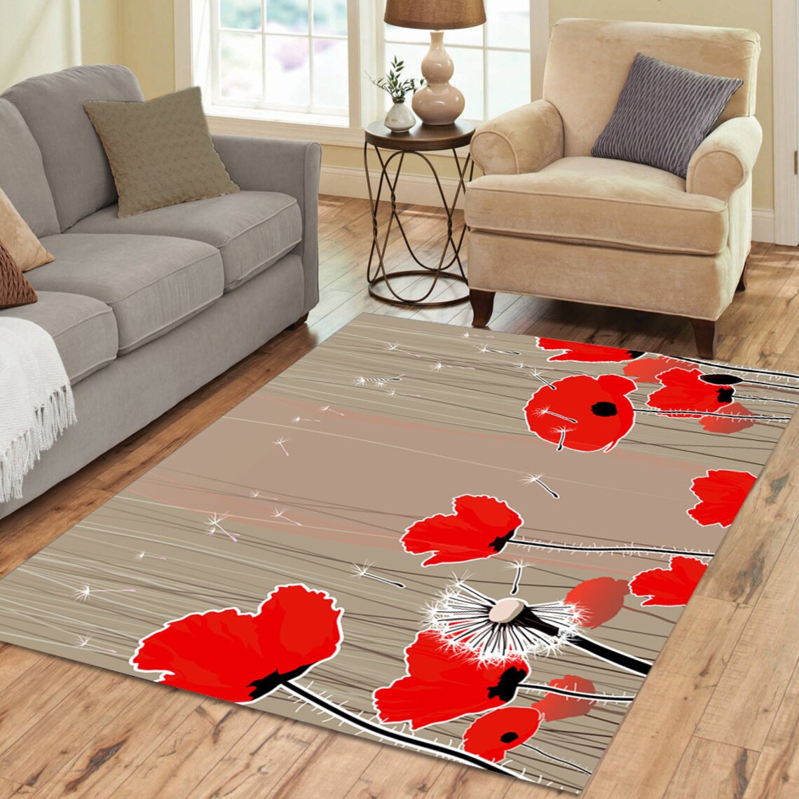 Bold Design Red Poppy and Dandelion Rug Exclusively Here Now Etsy