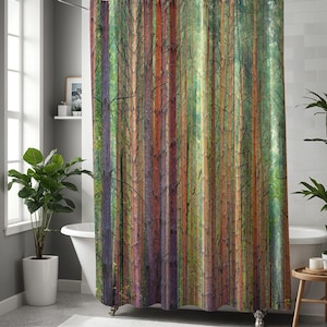 Trees in the forest shower curtain, Watercolor striped farmhouse decor with optional bathmat.