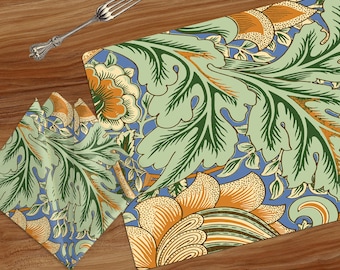 William Morris floral placemats, Botanical napkins, Art Nouveau table runner in retro colors, Polyester or cotton fabric table linen sets.