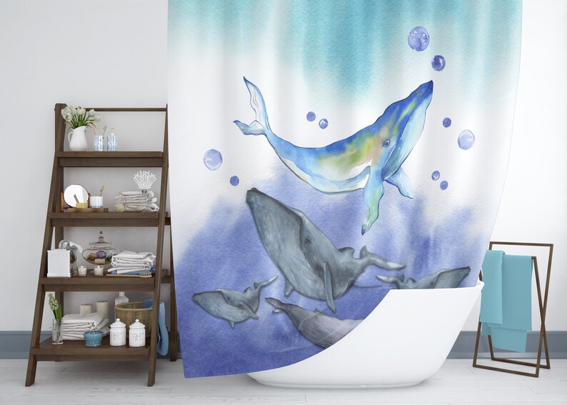 Whale Shower Curtain Set Coastal Decor Bathroom In Royal Etsy