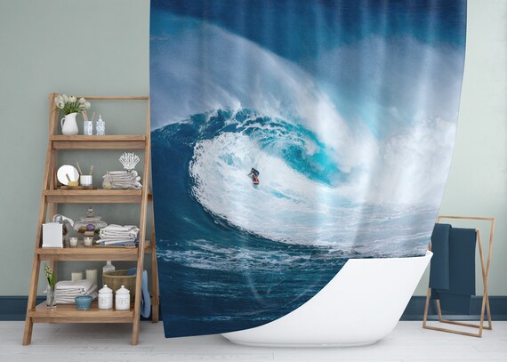 Surfing Shower Curtain Blue Waves Big Surf Surfer Decor Etsy
