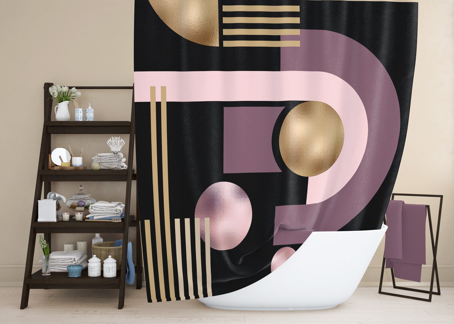 Art Deco shower curtain set Black and gold geometric design. Etsy