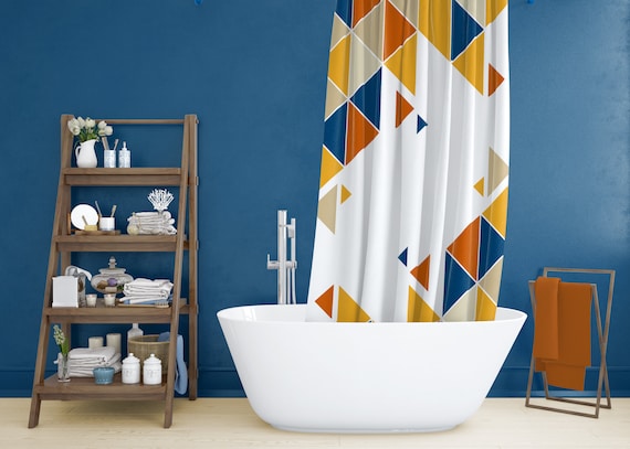 Geometric Shower Curtain Set In Mustard Burnt Orange Blue Uk Geometric Shower Curtain Set In Mustard, Cobalt Blue Shower Curtain Set