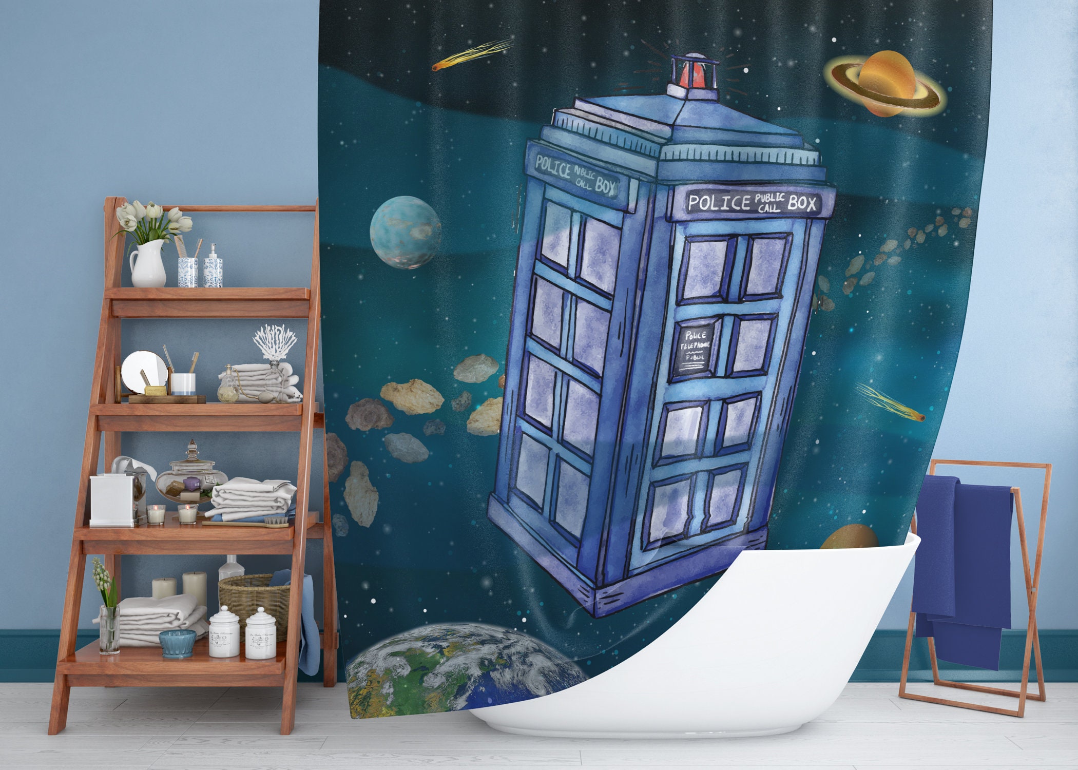 Doctor Who shower curtain The Tardis in space Police call Etsy