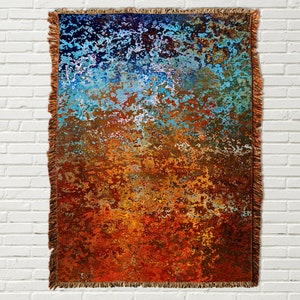 Burnt orange and blue abstract art blanket, 100% cotton woven fringed throw blanket in 3 sizes, Real estate home staging ideas. image 2