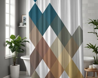 Large squares geometric shower curtain, Blue and brown asymmetric diagonal design, Optional bathmat available.