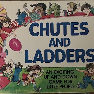 May include: Vintage Chutes and Ladders board game box. The box features a colorful illustration of children playing on slides, ladders, and a sun. The game is for ages 4-8 and 2-4 players. The text on the box reads "Chutes and Ladders".