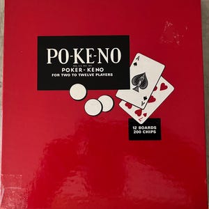 May include: A square red game box for Po-Ke-No, a poker-keno game for two to twelve players. The box features a black label with white text, three white circular chips, and two playing cards showing an ace of spades and a seven of hearts.