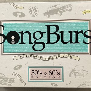 May include: A vintage-style game box with a teal background and white lettering. The game is called "SongBurst: The Complete-The-Lyric Game 50's & 60's Edition". The box features illustrations of a record player, a guitar, a car, and a peace sign.