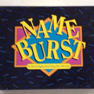 May include: A blue, yellow, pink, and orange game box with the words "NAME BURST" in large yellow letters. The text "The Memory-Jogging, Name-Calling, Who's Who Game" is printed in white on a black background.