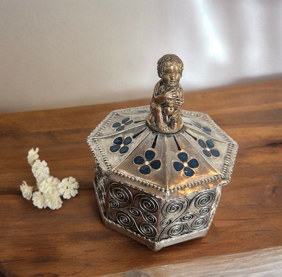 Vintage Brass & Silver Snuff Box - Trinket Box wi… - image 1