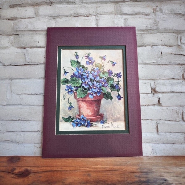 Vintage Art Print Purple Violets Potted Plant Matted Unframed Barbara Mock 1994