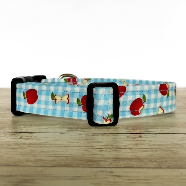Apples Dog Collar - Blue Gingham Fruit Dog Collar - Summer Dog Collar - Girl - Boy - Colorful - Adjustable Dog Collar