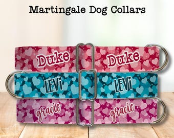 Puede incluir: Tres collares Martingale para perros con los nombres Duke, Levi y Gracie. Los collares presentan patrones de corazones en rojo, turquesa y rosa. El texto "Martingale Dog Collars" está en la parte superior.