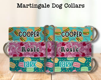 Puede incluir: Tres collares Martingale personalizados para perros. El collar superior es turquesa con gráficos de hamburguesas y el nombre "COOPER". El collar del medio es morado con gráficos de cerezas y el nombre "Rosie". El collar inferior es verde azulado con gráficos de macarrones y el nombre "LARK".
