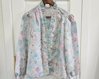 Camisa vintage con botones y estampado floral - Pastel, talla 8 (talla vintage pequeña/mediana)