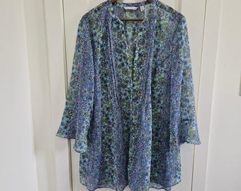Isaac Mizrahi Live Blue Floral Pintuck Chiffon Tunic Top Womens Plus Size 16