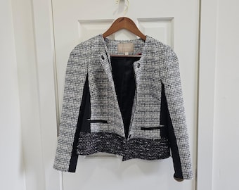 Banana Republic Womens 2 Black White Tweed Mixed Media Open Front Jacket Blazer