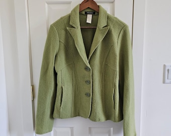Veste blazer tribal 100 % laine bouillie pour femme vert 3 boutons taille M