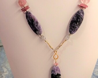 Purple and pink Y - charoite, pink tourmaline and pink sapphire pendant necklace with gold-fill