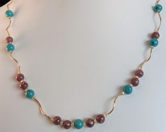 Delicate and happy - turquoise and lepidolite necklace with gold-filled spirals