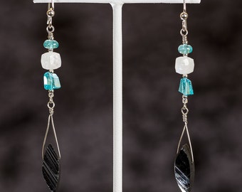 Black Tourmaline earrings with rainbow moonstone, apatite and sterling silver