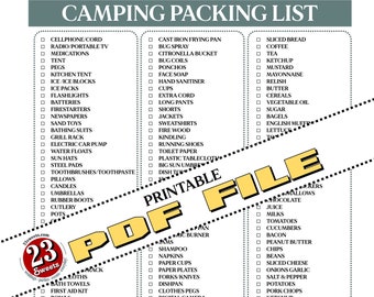Digital CAMPING PACKING List sheet Page, downloadable pdf file, pdf file, camping packing shopping list organizer, blue color scheme,